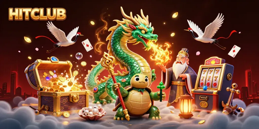 Experience winning at HITCLUB with a dynamic scene of a jade dragon, turtle sage, and lucky cranes.