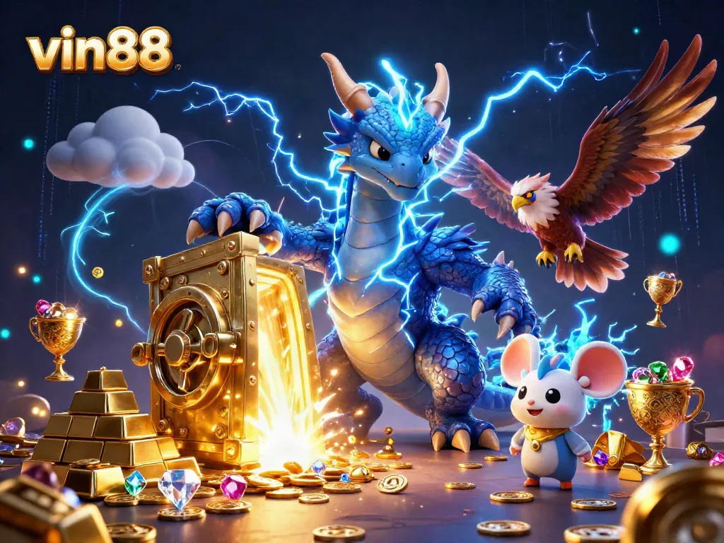 Experience top-tier gaming excitement with vin88 in this vibrant 3D casino illustration.