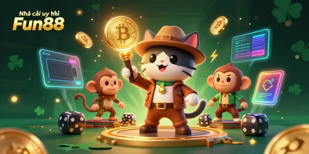 Engaging scene showcasing Nhà cái uy tín Fun88 with cartoon characters exploring a golden casino artifact in a vibrant temple