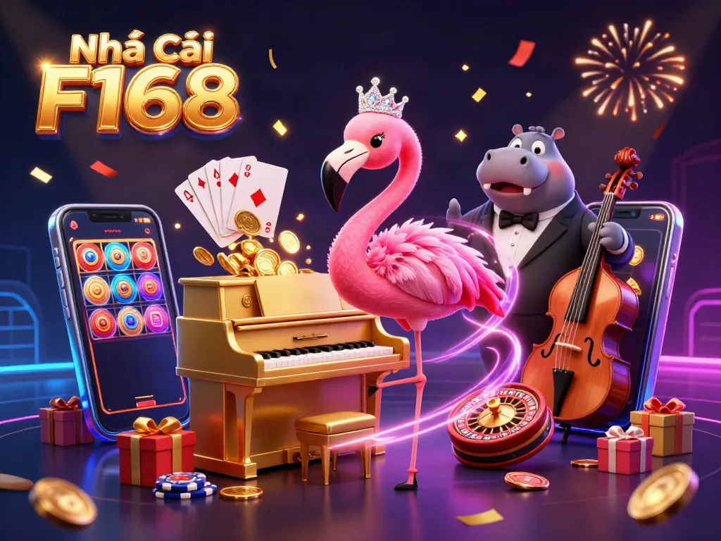 Experience the allure of Nhà cái F168 with a vibrant 3D illustration featuring a casino-style scene.
