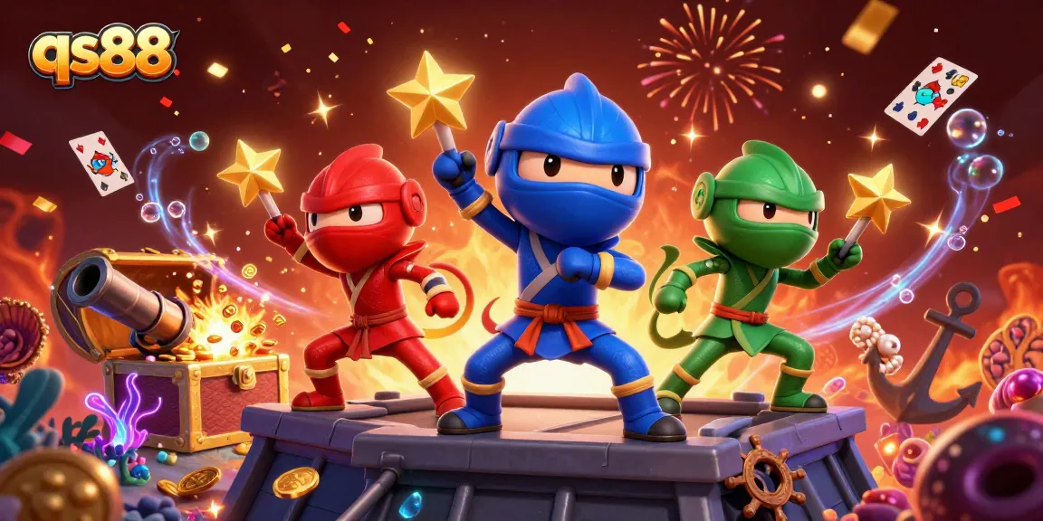 Experience qs88's thrilling action in a vibrant casino-themed illustration featuring dynamic chameleons.
