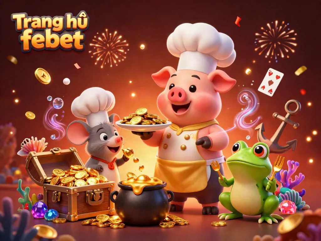 Engage with Trang chủ febet as a chef pig serves gold coins amidst festive casino elements.