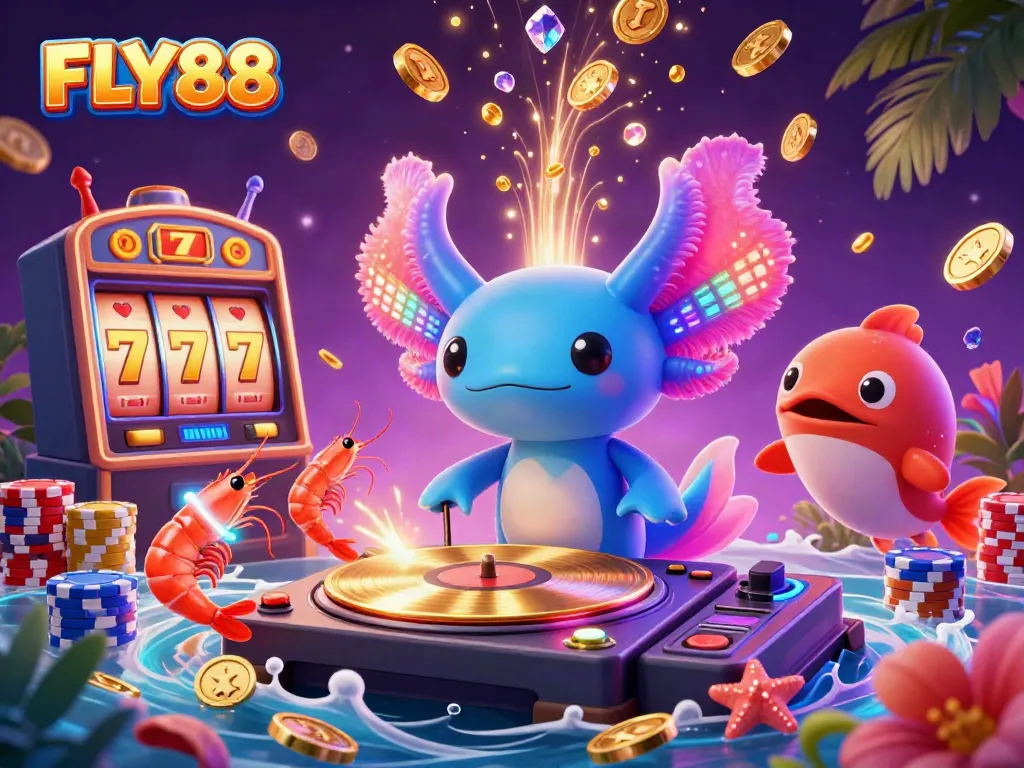 Experience the vibrant energy of FLY88 with a neon-themed underwater casino scene featuring dynamic slot gameplay.