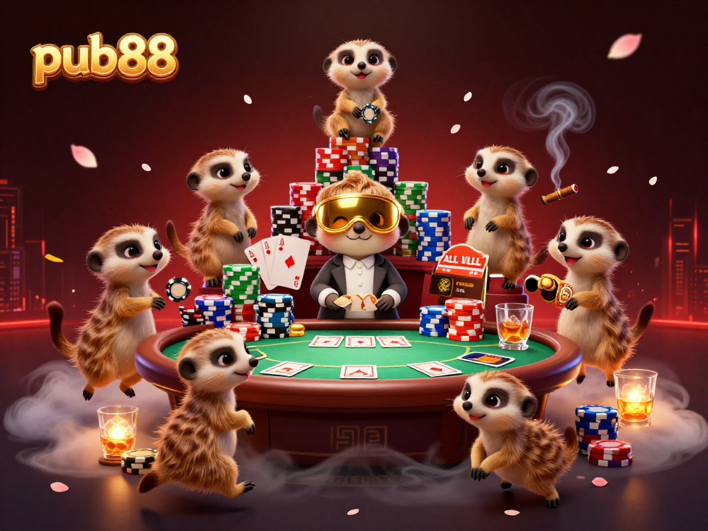 pub88 showcases meerkats managing a vibrant casino operation with stacked chips and gaming elements.