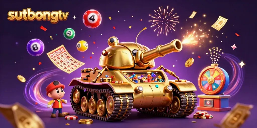 Sutbongtv captures dynamic lottery excitement with a vibrant casino-themed beetle tank illustration.