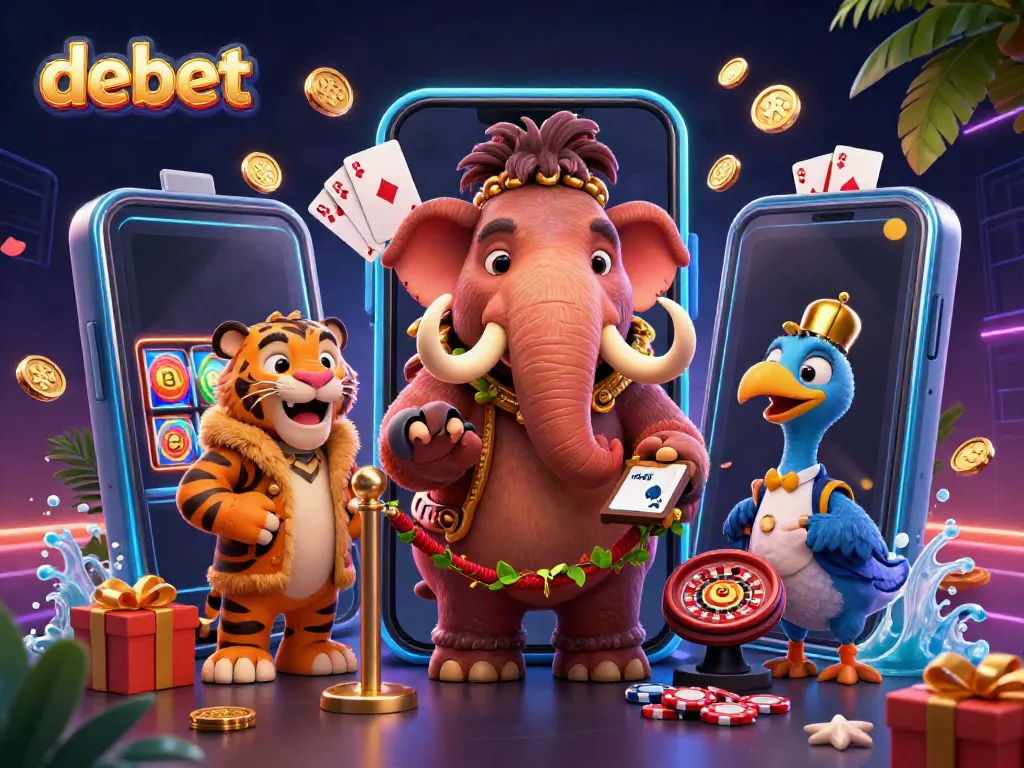 Engaging debet gaming scene with a 3D mammoth bouncer and dynamic casino elements.