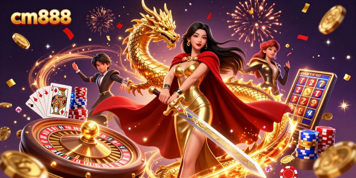 Experience gaming excitement with cm888 in an ultra-detailed 3D casino scene featuring vibrant characters, coins, and cards.