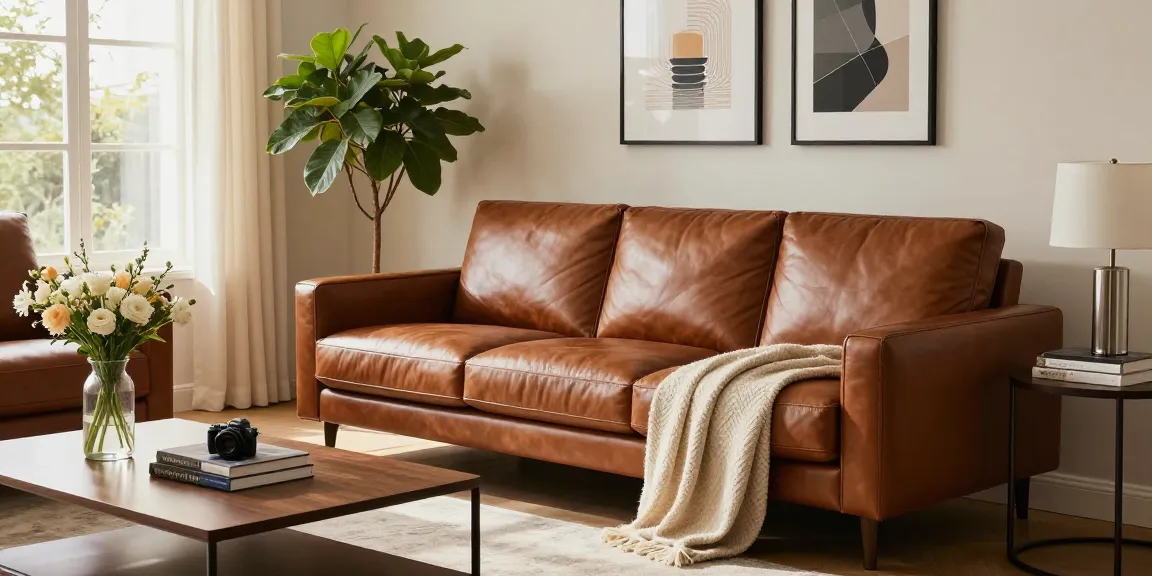 Baxter Sofa Preis - Luxuriöses Ledersofa in einem stilvollen Wohnzimmer mit einladender Dekoration und warmem, natürlichem Licht.