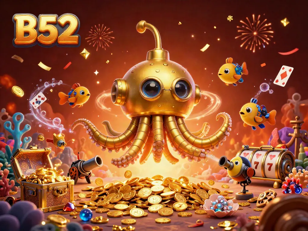 B52 gaming experience illustrated with a golden kraken submarine and slot reels amidst a treasure-filled underwater scene.