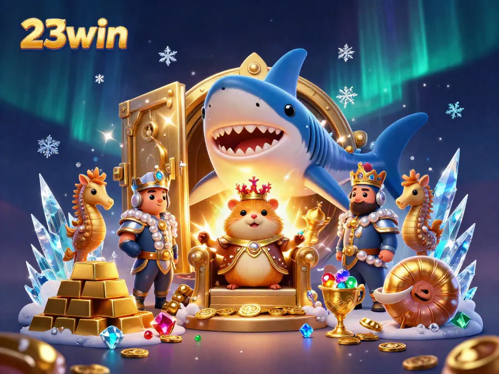 Experience the excitement of 23win with a vibrant 3D illustration featuring a hamster king and treasure.