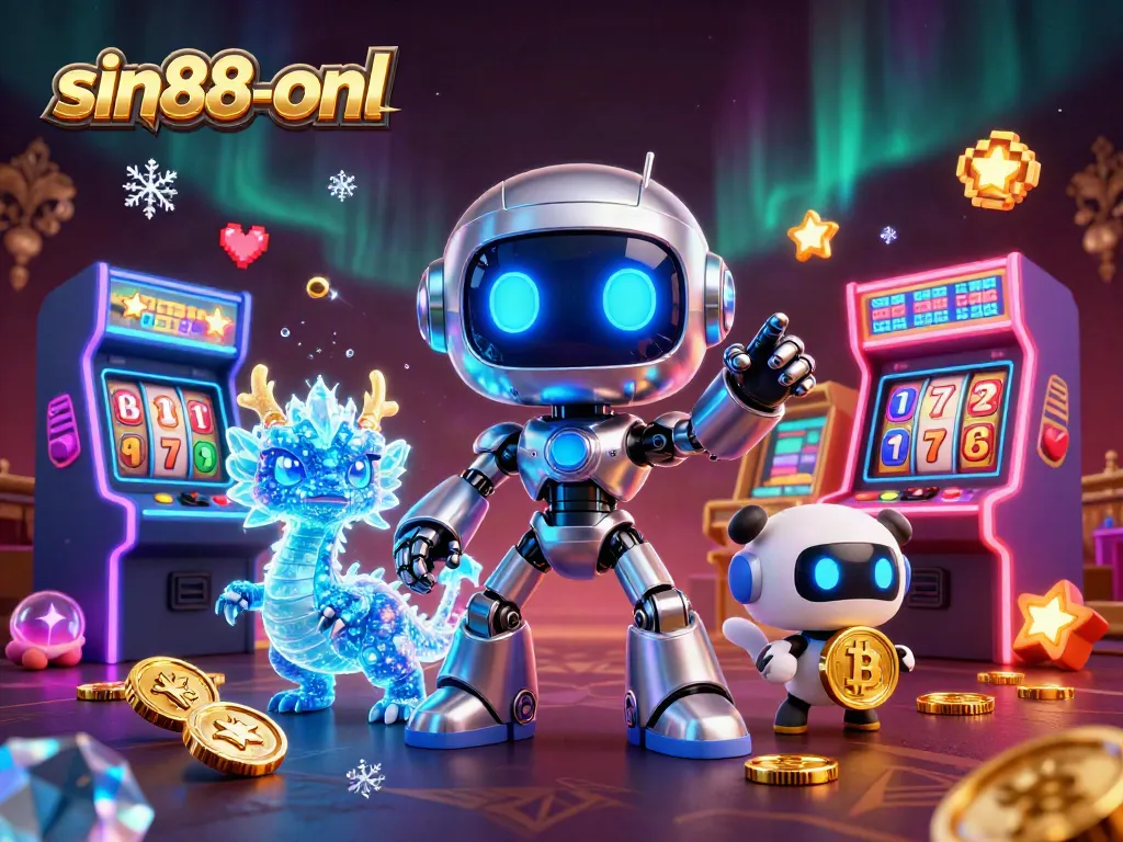 Experience excitement at sin88-onl with vibrant casino elements surrounding a dynamic 3D robot and holographic dragon.