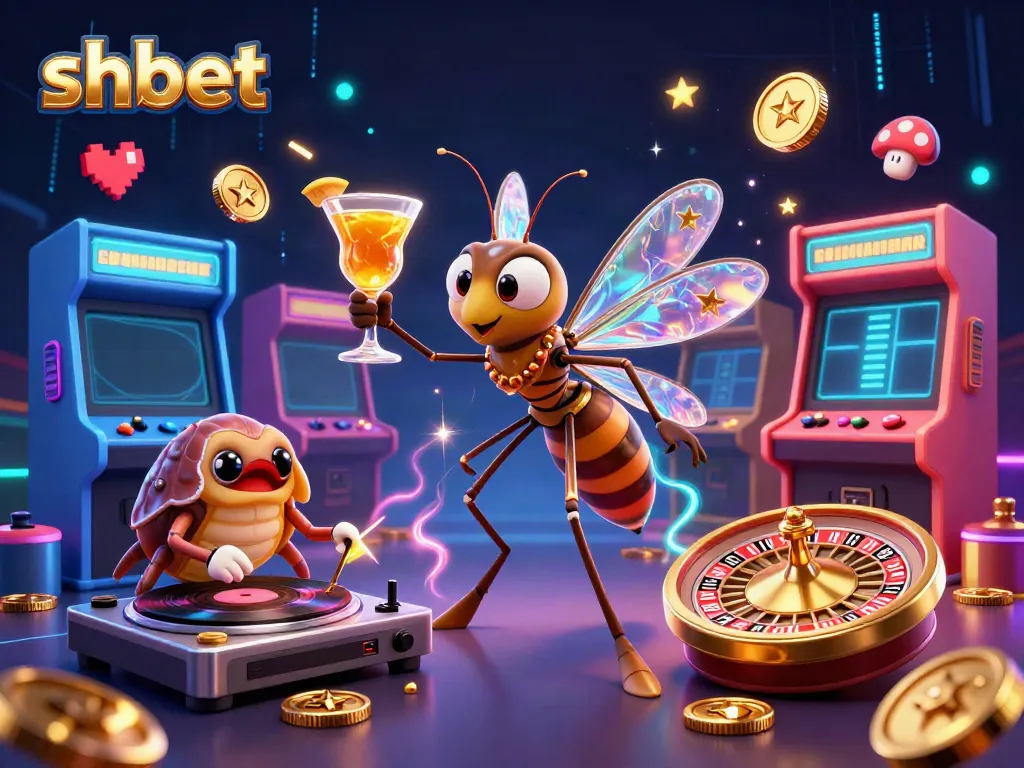 shbet brings gaming alive with a dynamic 3D casino illustration featuring vibrant characters and elements.