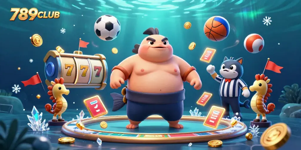 Join the excitement at 789CLUB with this vibrant underwater casino scene featuring a fugu and a catfish referee.