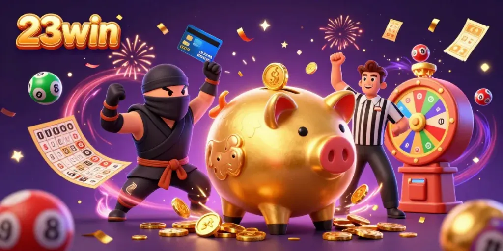 Experience the excitement of 23win with a thrilling casino-themed illustration featuring dynamic characters and vibrant elements.