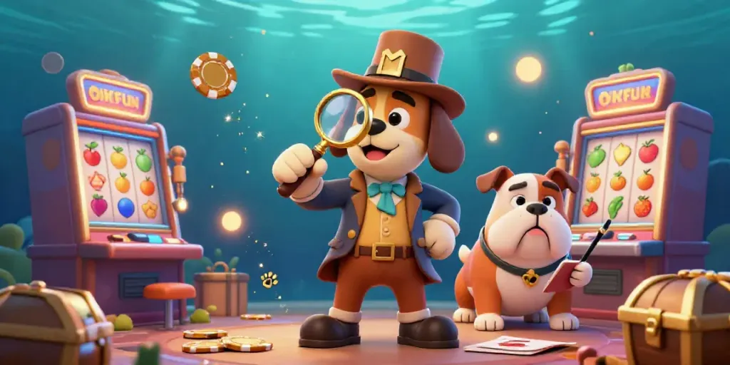 OKFUN detective scene with a bloodhound and bulldog examining gambling clues amidst colorful slot machines.
