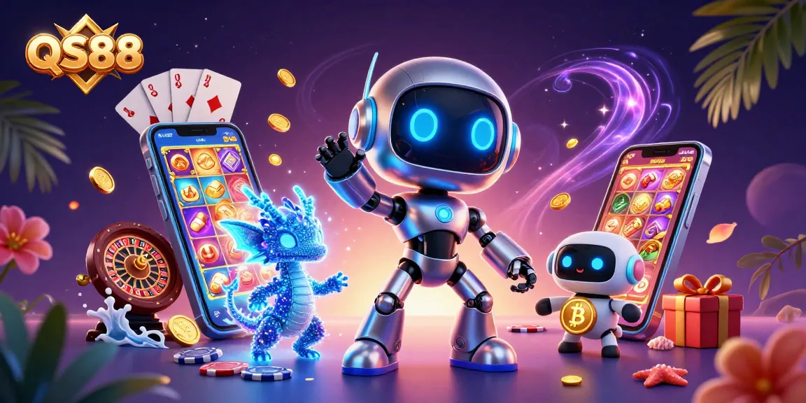 Win big with QS88 featuring a vibrant 3D casino scene of a futuristic robot and its companions.