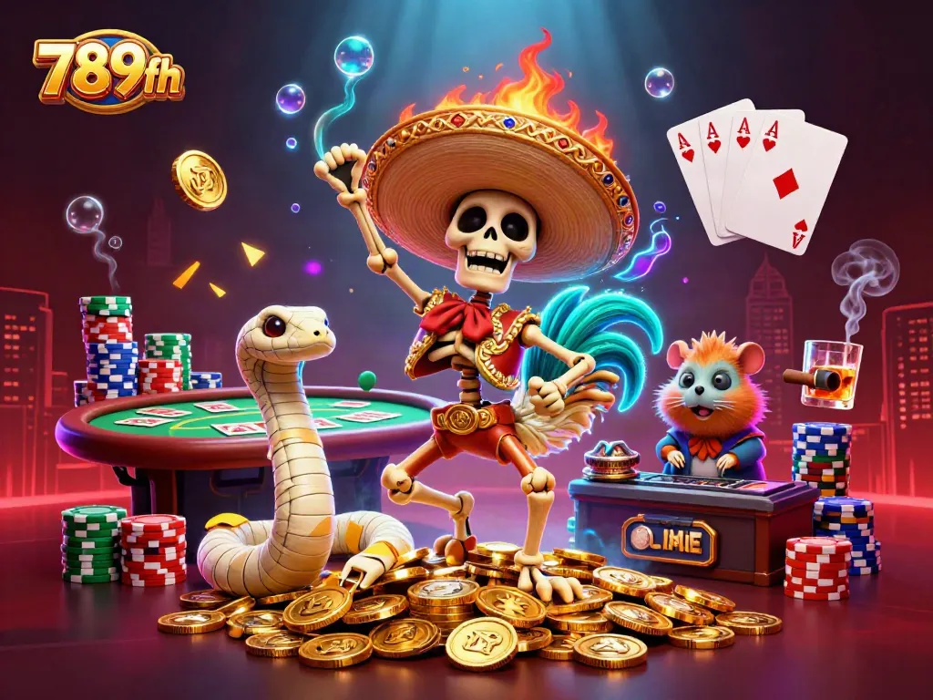 Win big with the vibrant 789fh casino scene featuring a skeleton mariachi rooster and rich gaming elements.