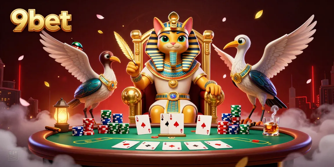 Win big with 9bet in a vibrant, dynamic casino scene featuring Egyptian-themed characters.