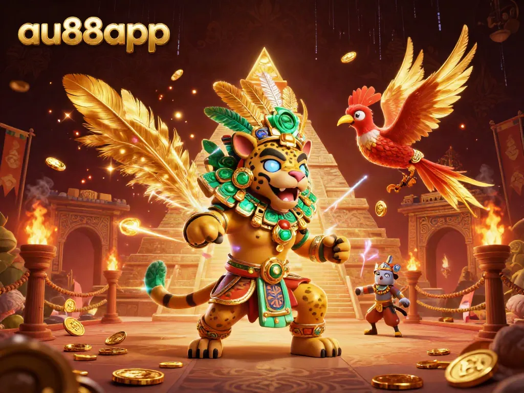 Engage with the thrilling world of au88app through this dynamic illustration of a Mayan jaguar priest and its golden quetzal companion in an exciting gambling atmosphere.