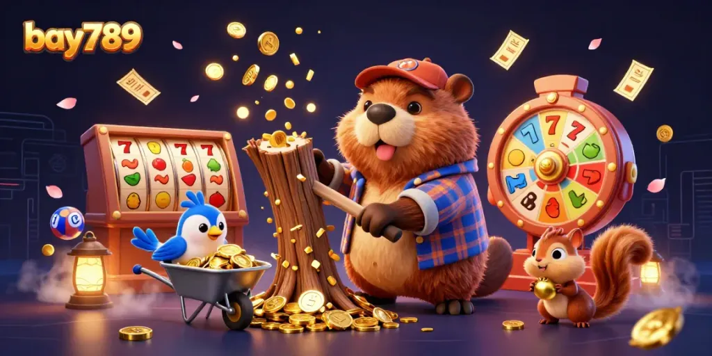 Experience the fun with bay789 as a beaver gathers coins amidst dynamic casino elements.