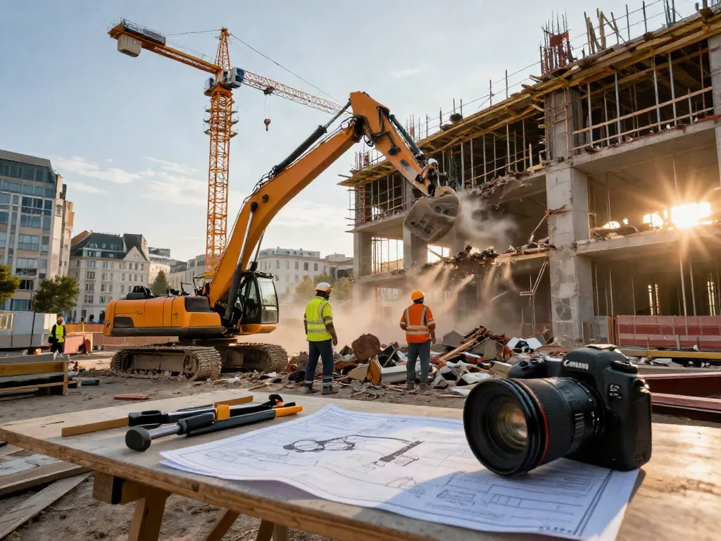 Abbruch Wien: Baustelle mit Bauarbeitern und Maschinen während des Abrisses in Wien