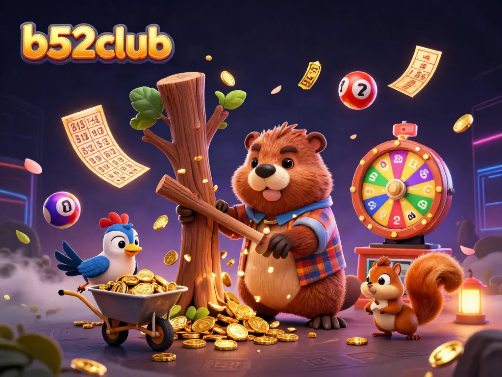 Engage in thrilling b52club gameplay with a lively illustration featuring a coin-chopping lumberjack and lively companions.