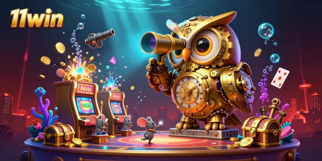 Experience the vibrant atmosphere at 11win with a whimsical golden owl and lively casino elements.