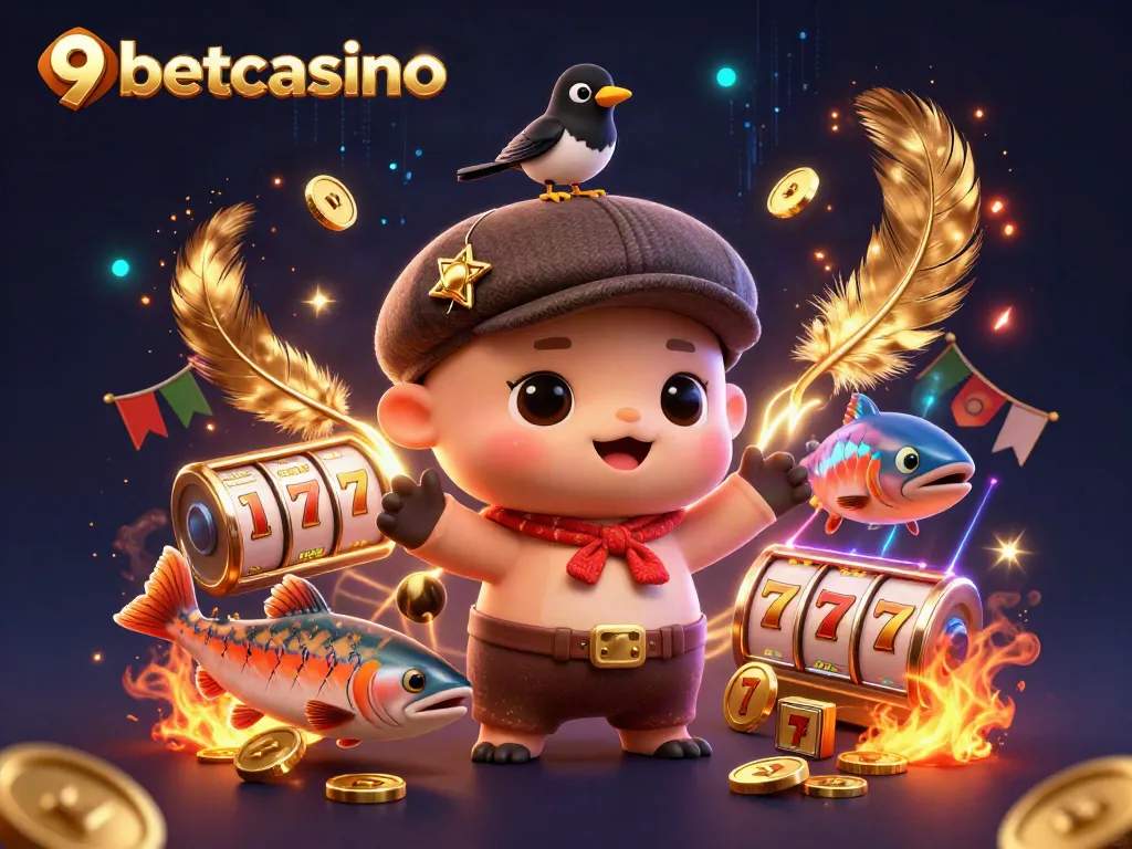 Experience the excitement of 9betcasino with vibrant characters, slot reels, and gold coins in a magical setting.
