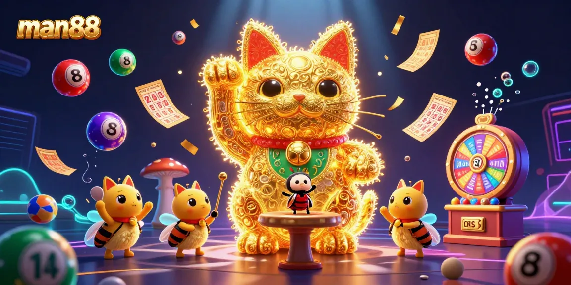 man88 showcases a vibrant illustration of a golden cat surrounded by colorful lottery balls and casino elements.