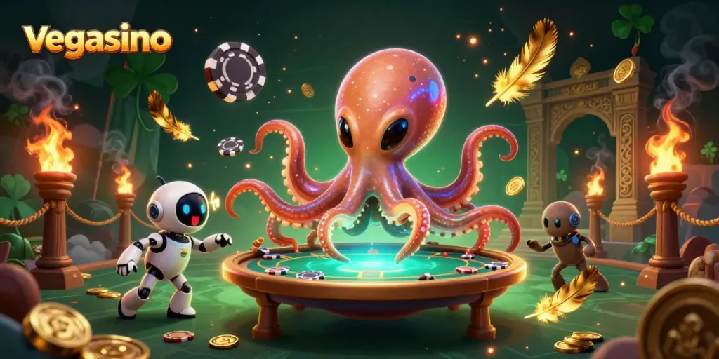 Engage with vegasino in a dynamic cosmic poker scene featuring an octopus alien and robot.