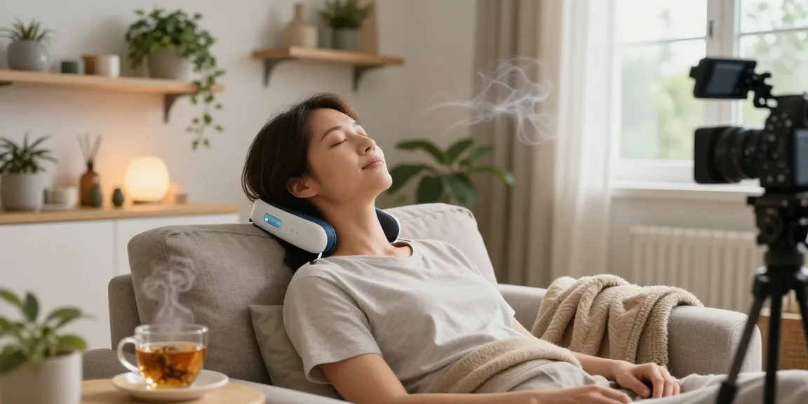 Relaxing scene with a user applying a Vagusnervstimulation gerät for stress relief and tranquility.