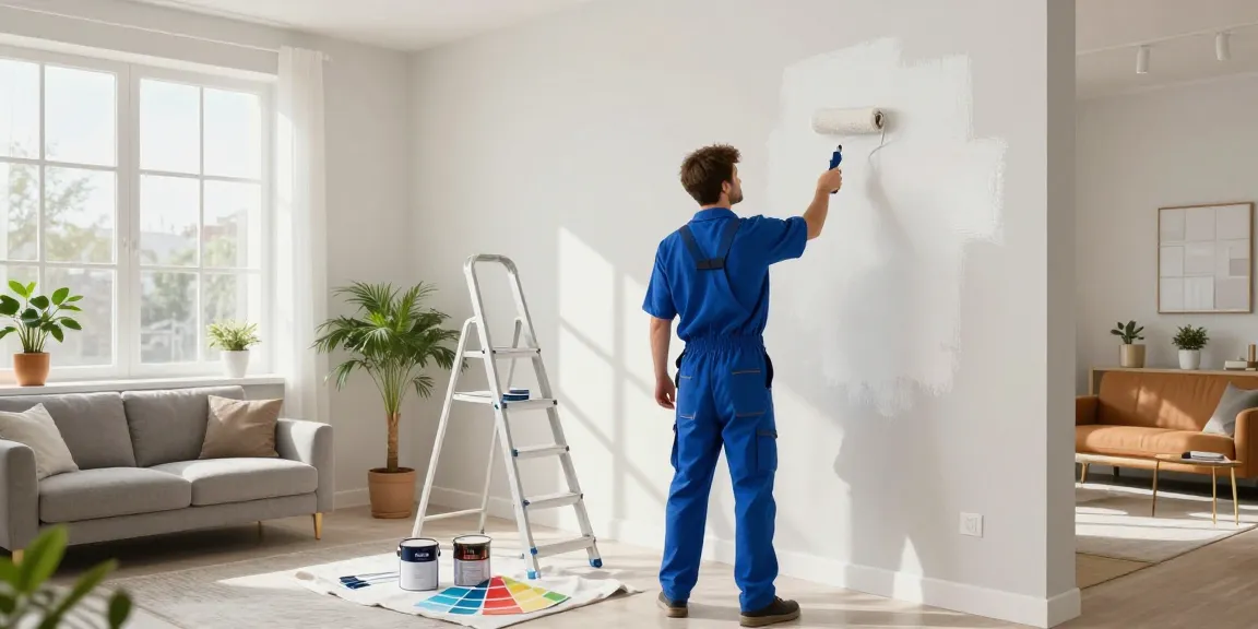 Maler Heidelberg bei der Arbeit in einem modernen Wohnzimmer mit frischer Farbe.