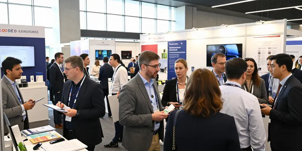Expositores interagieren auf einer Konferenz in einem hellen Ausstellungsbereich