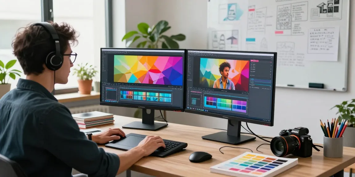 Professioneller Grafikdesigner konvertiert Bild zu Video KI am Arbeitsplatz mit kreativen Tools und inspirierender Atmosphäre.