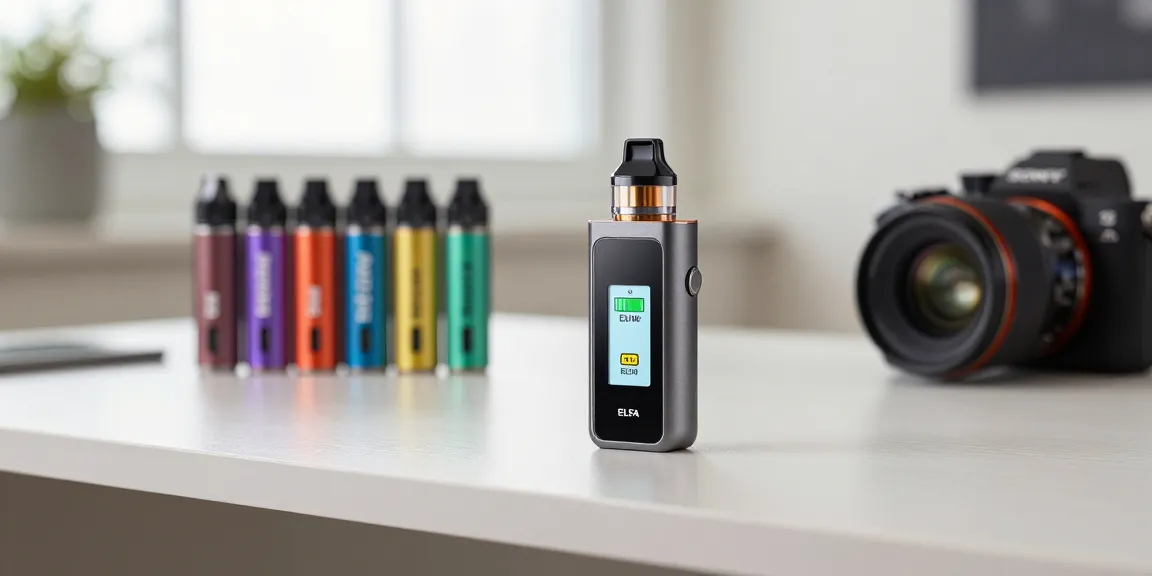 Elfbar ELFA Master device showcasing its LCD display and colorful pods in a modern lifestyle setting.