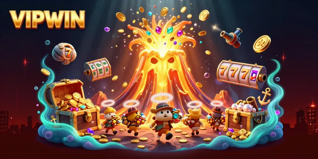 Celebrate wins at VIPWIN with a vibrant treasure-filled 3D illustration featuring a golden volcano erupting coins, jewels, and fun casino elements.