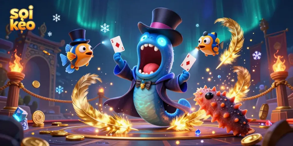 Soi kèo sports betting scene featuring a deep-sea gulper eel magician and an anglerfish spotlighting card tricks amidst an elaborate underwater arena.