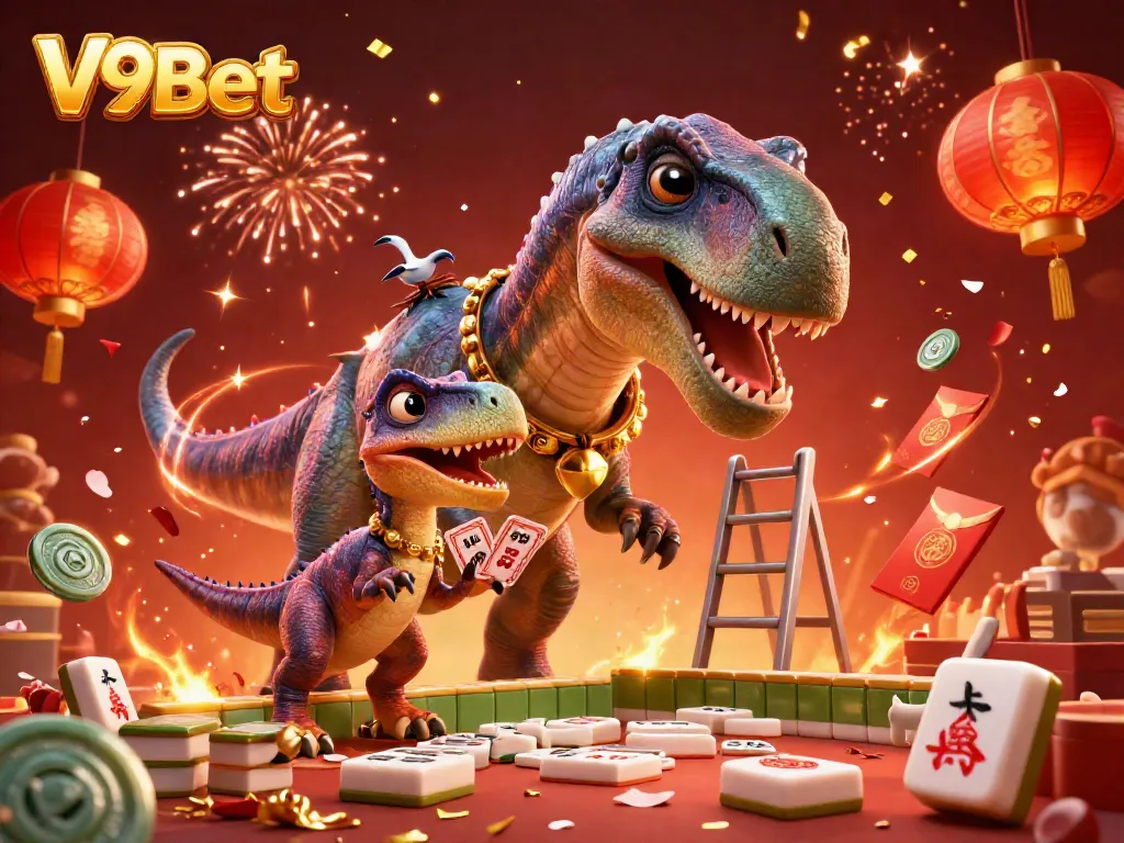 Experience thrilling gameplay at V9Bet with a vibrant casino scene featuring animated characters and festive elements.