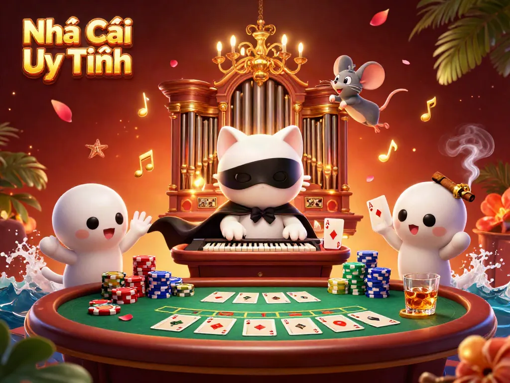 Experience thrilling action at Nhà Cái Uy Tín with a vibrant casino scene featuring characters and poker elements.