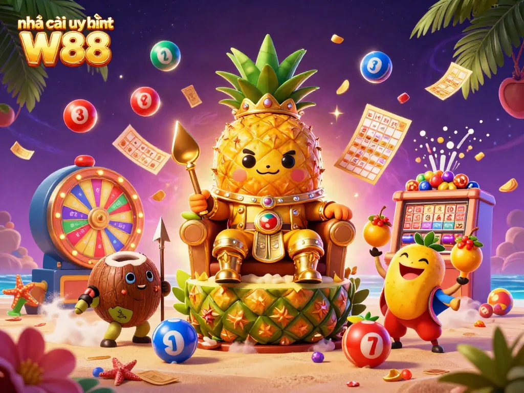 Engage with exciting games at Nhà cái uy tín W88, illustrated by a vibrant casino scene featuring a pineapple king and dynamic game elements.