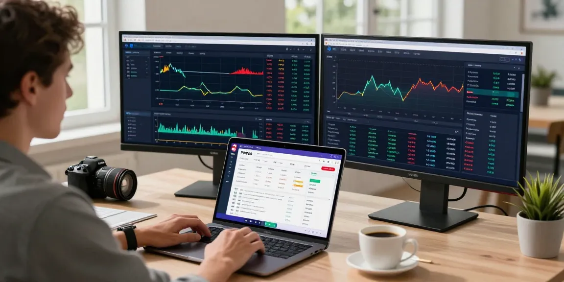 FINIO24.com Bewertung auf einem modernen Laptop mit Dashboard und Handelsgrafiken in einem hellen Home-Office.