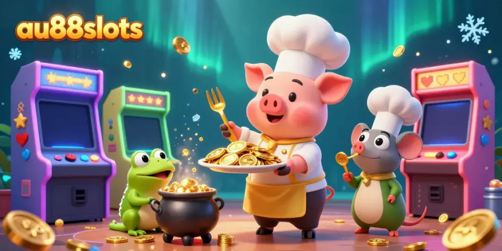 Experience the excitement of au88slots with a chef pig serving gold coins and dynamic arcade game elements.