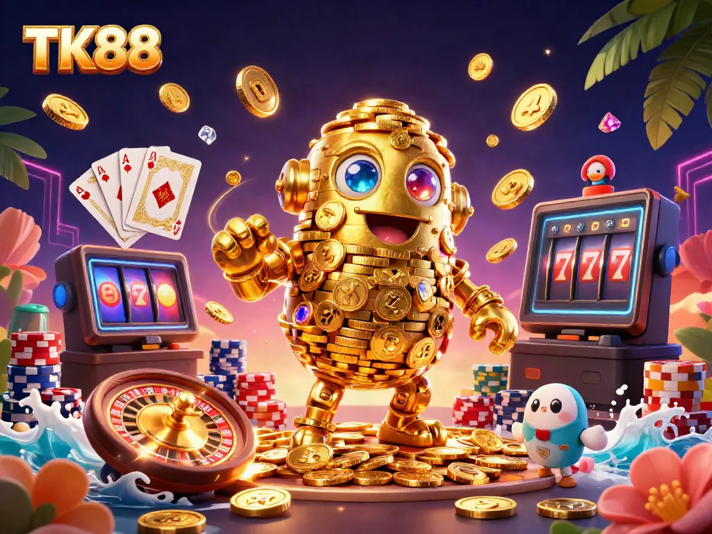 Engage with the exciting world of TK88 where a golden golem delights in cascading coins and roulette.