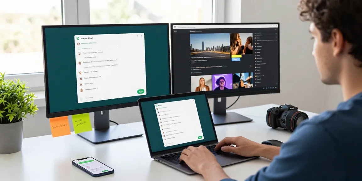 Person using WhatsApp電腦版 on a laptop in a modern workspace with dual monitors.