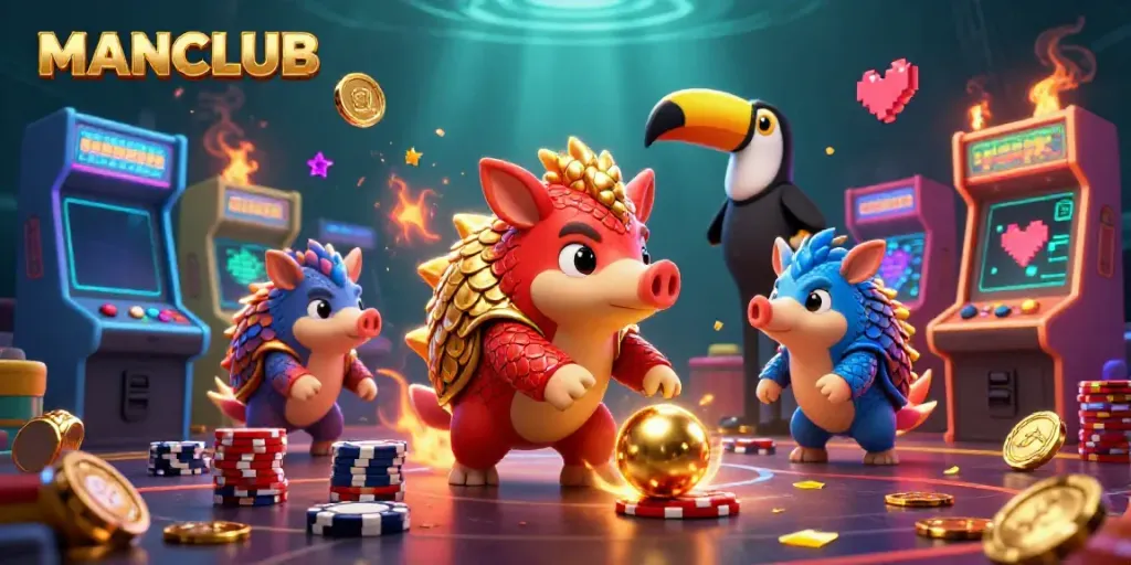 Engaging MANCLUB casino scene with rival pangolins bowling through poker chips amidst colorful arcade features.