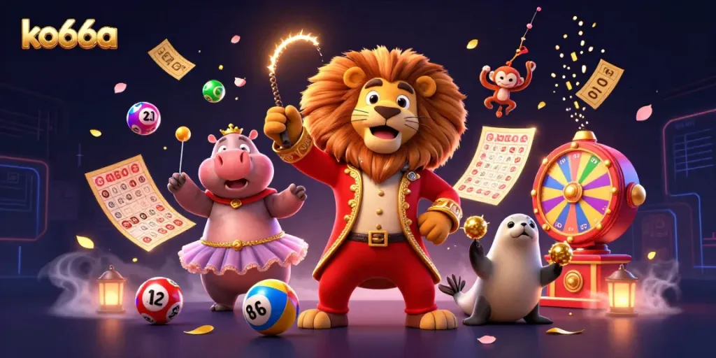 Experience the excitement of ko66a with vibrant animated characters and dynamic casino elements in this stunning illustration.