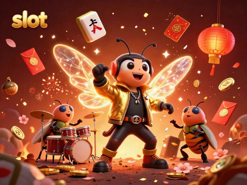 Experience the thrill of winning in the vibrant slot scene with a cicada rock star and dynamic gaming elements.