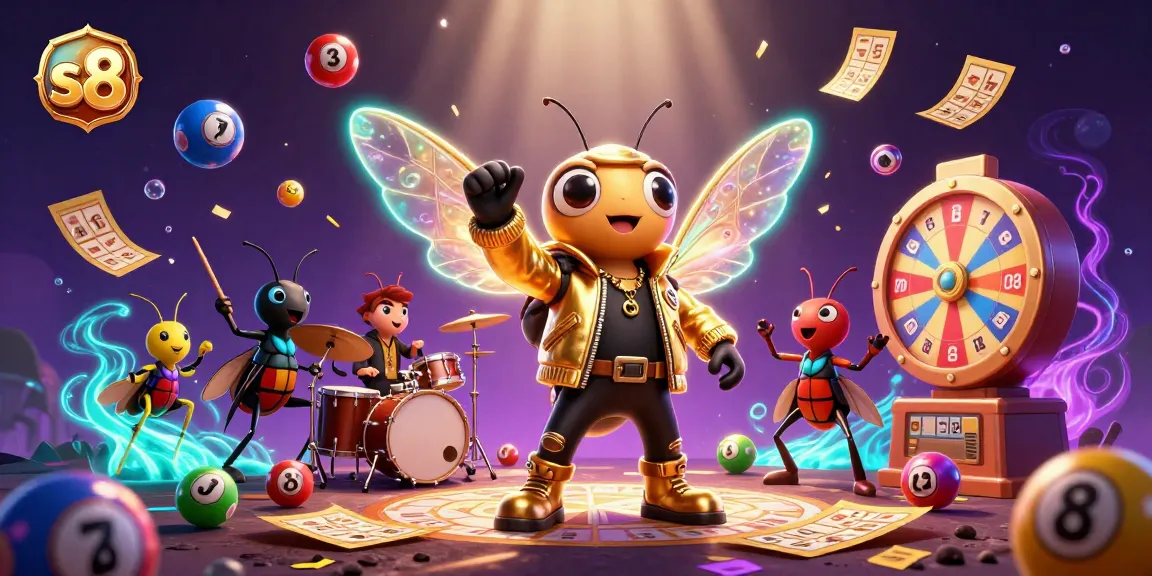 s8 energizes players with a dynamic casino scene featuring a cicada rock star and vibrant lottery elements.