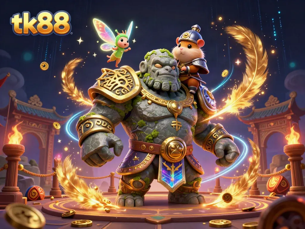 Experience thrilling games with tk88, featuring a stone golem guardian, a fairy, and a hamster knight.