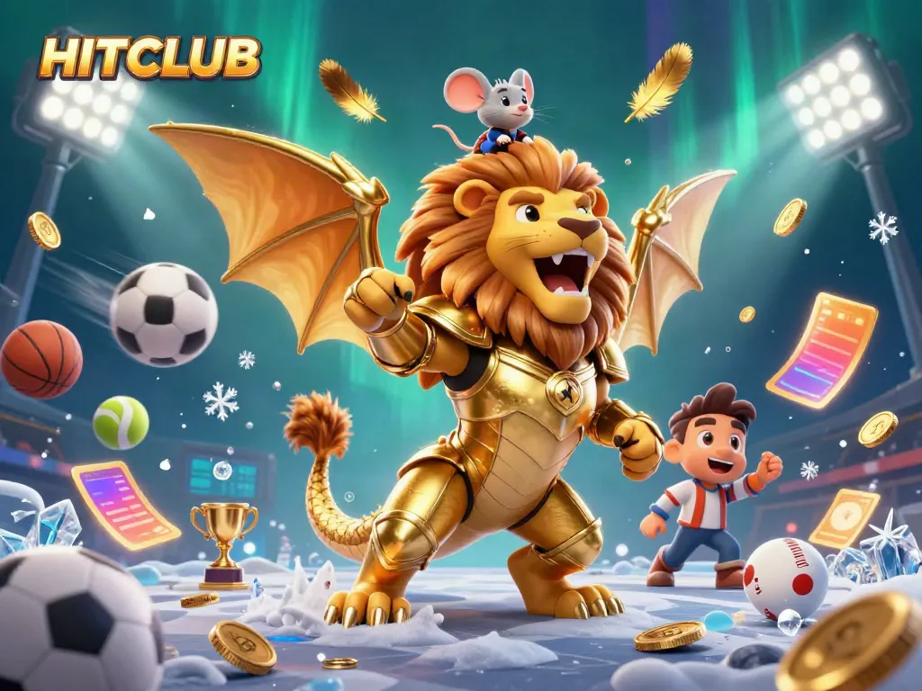 HITCLUB brings excitement to sports betting with a dynamic 3D illustration of golden chimera and sports elements.